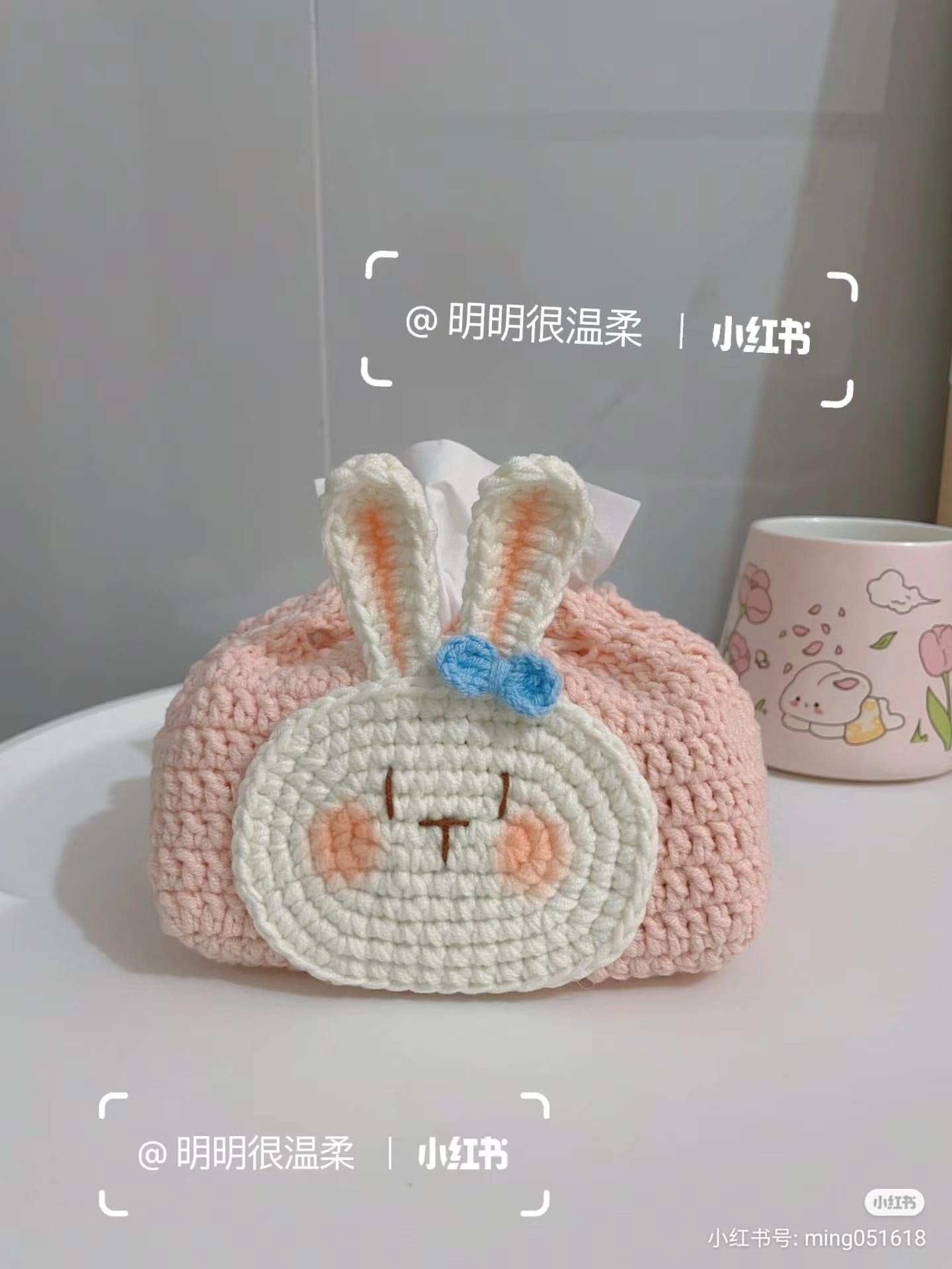 Cute White Rabbit Crochet Tissue Box Pattern with Blue Bow