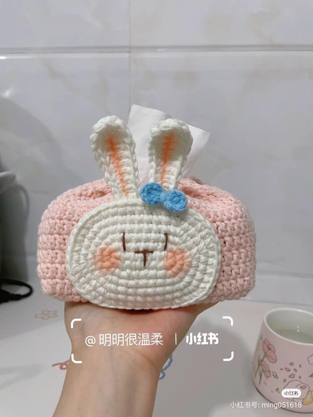 Cute White Rabbit Crochet Tissue Box Pattern with Blue Bow