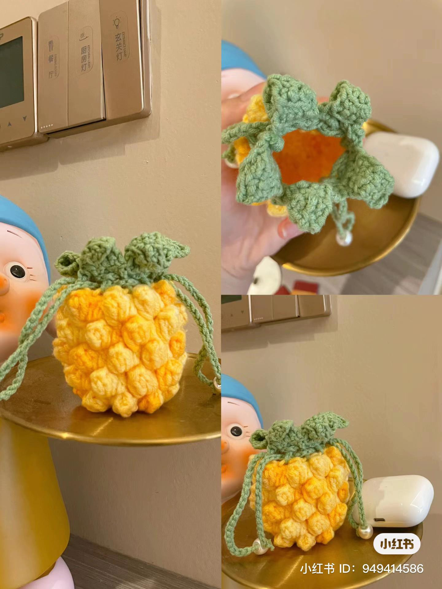 Cute Yellow Crochet Pineapple Drawstring Bag Pattern