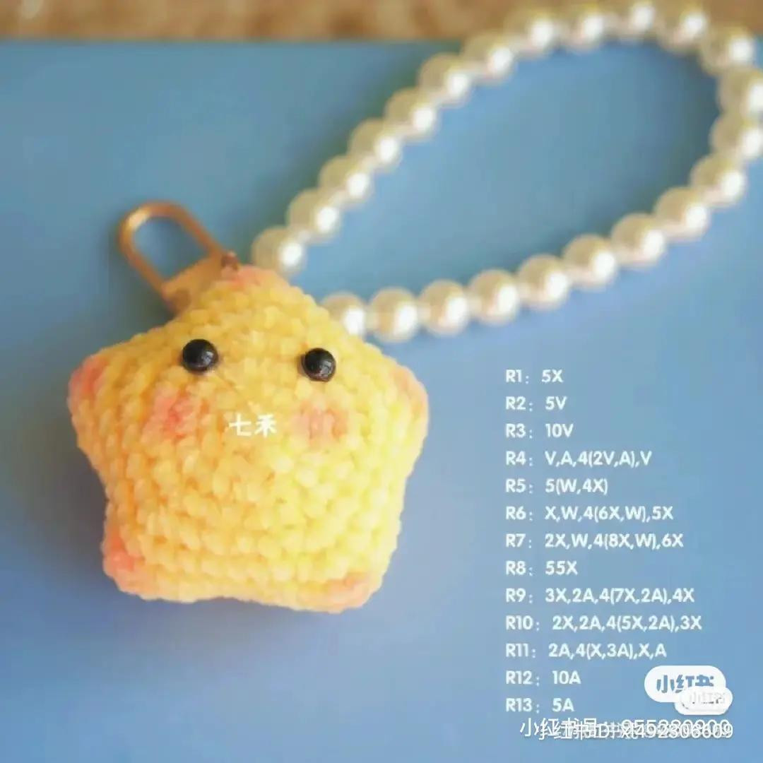 Cute Yellow Crocheted Star Keychain and Earrings Pattern with Pearl Details