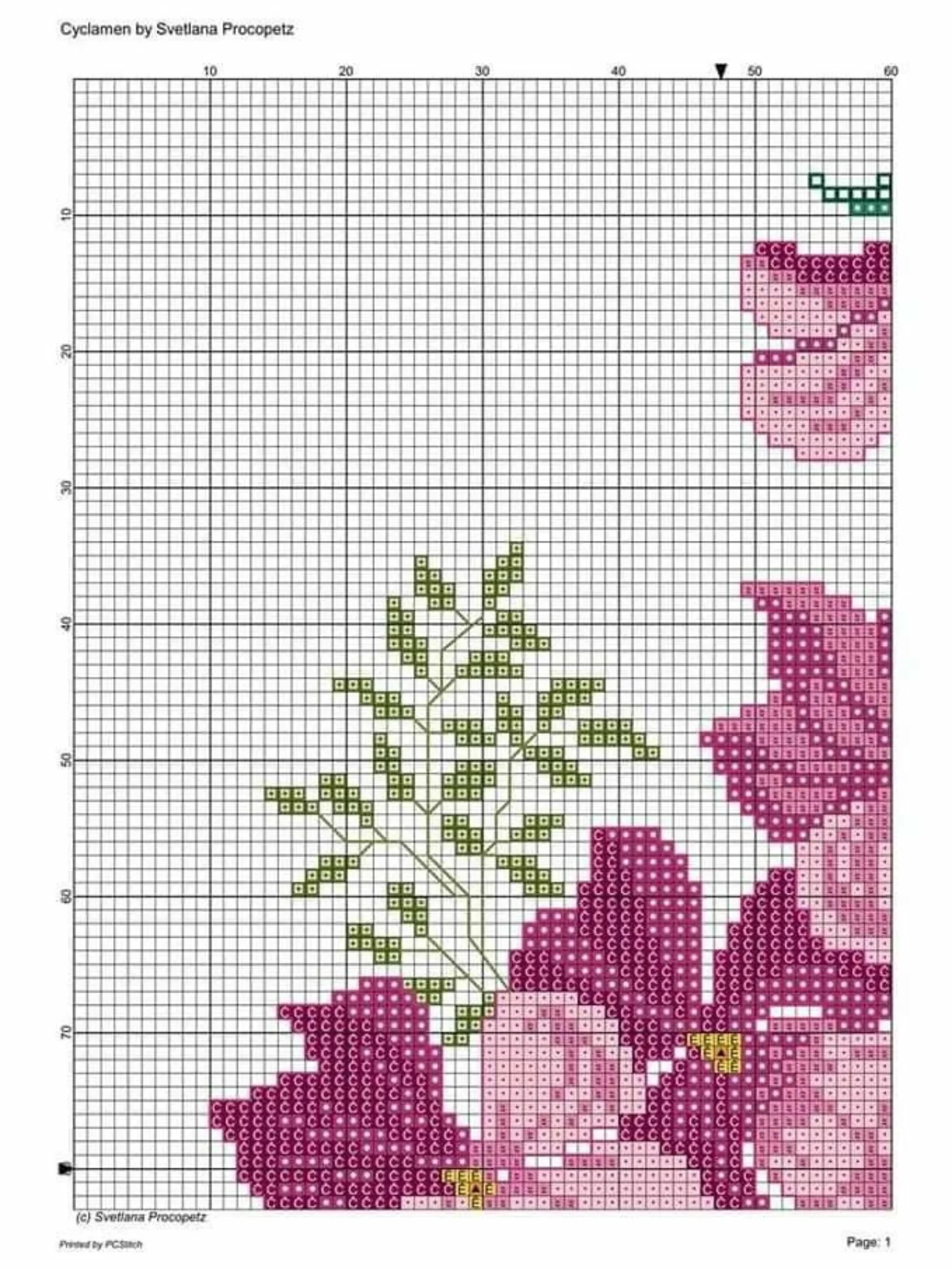 Cyclamen Cross Stitch Pattern by Svetlana Procopetz - Pink Flowers and Green Leaves Pixel Chart