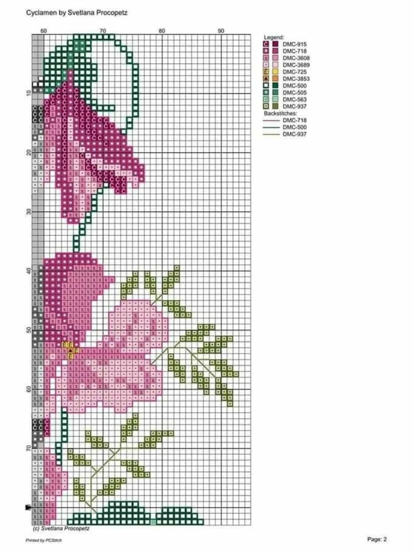 Cyclamen Cross Stitch Pattern by Svetlana Procopetz - Pink Flowers and Green Leaves Pixel Chart