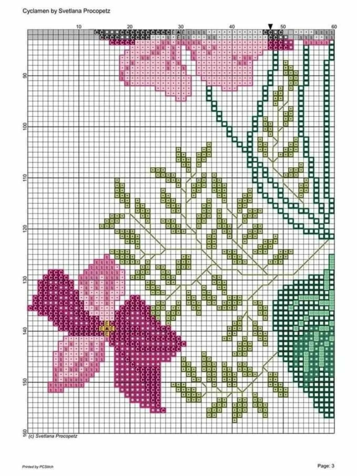 Cyclamen Cross Stitch Pattern by Svetlana Procopetz - Pink Flowers and Green Leaves Pixel Chart