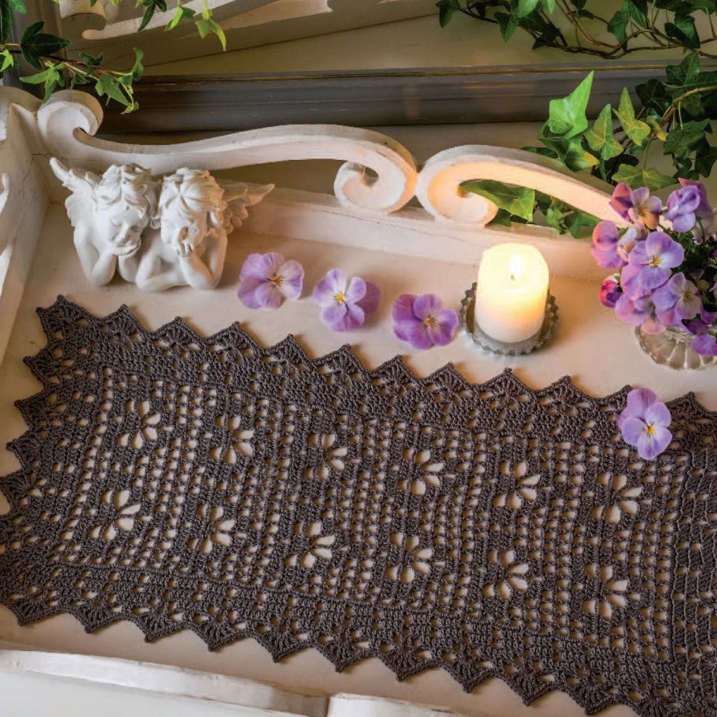 Dark Grey Crochet Lace Napkin Pattern Chart with Floral Motif and Scalloped Edges