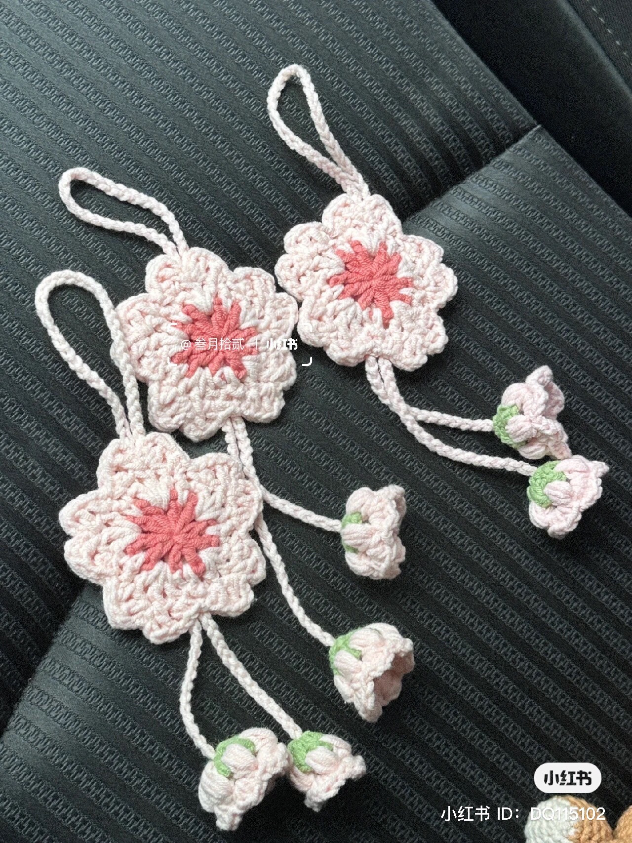 Delicate Pink Crochet Cherry Blossom Car Ornament with Matching Flower Buds and Detailed Flat Chart Pattern