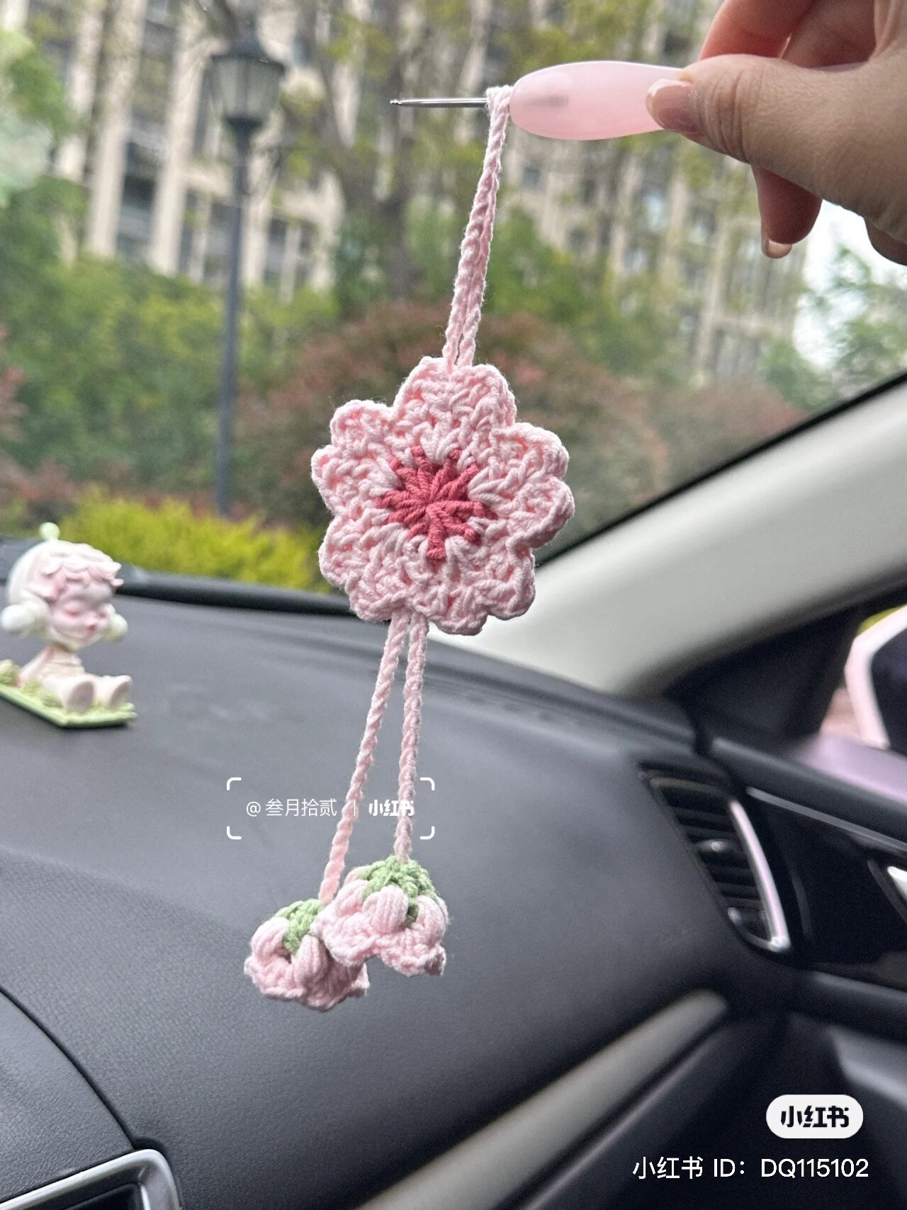Delicate Pink Crochet Cherry Blossom Car Ornament with Matching Flower Buds and Detailed Flat Chart Pattern
