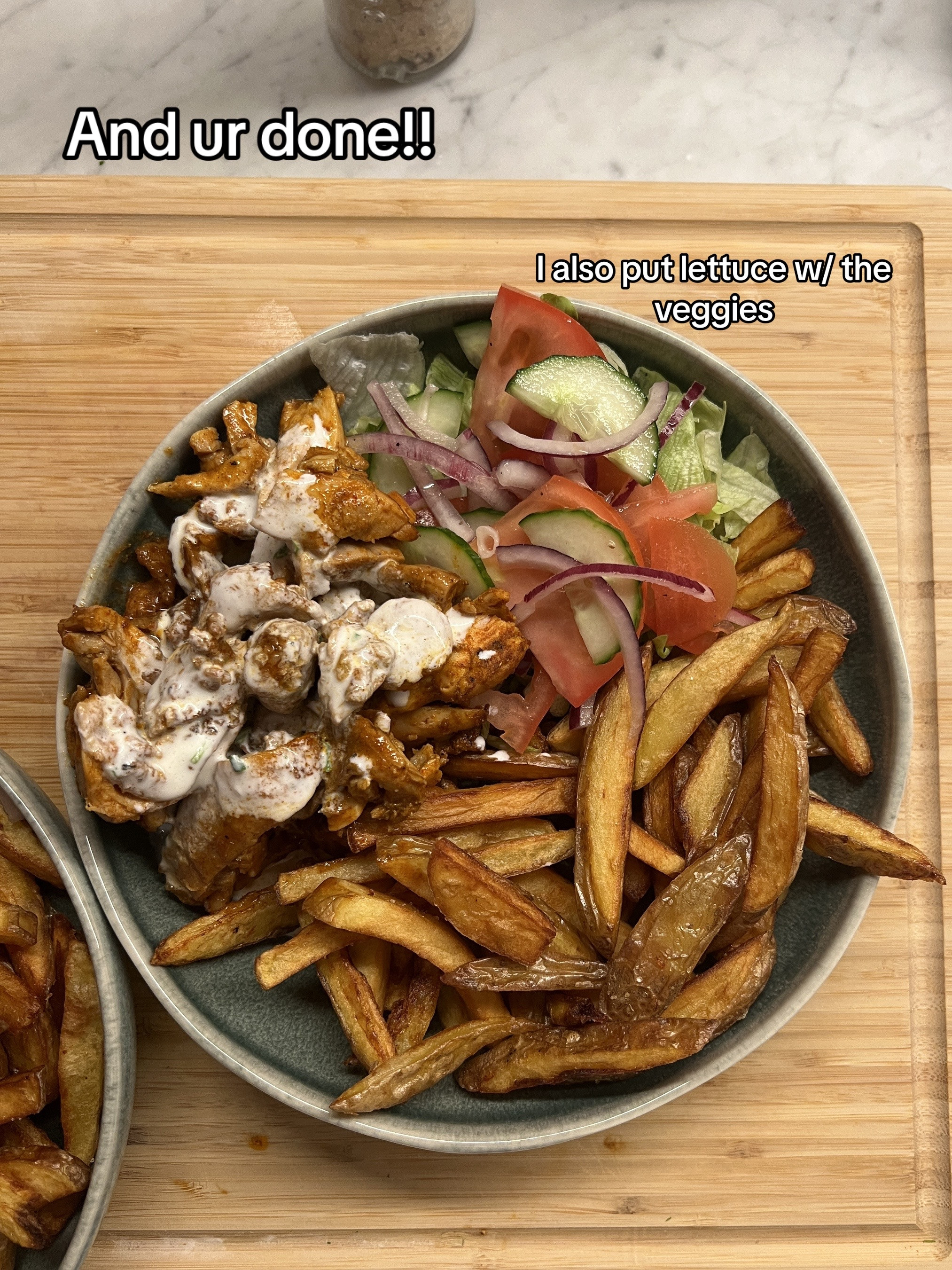 Delicious Chicken Shawarma Bowl Recipe with Crispy Fries, Fresh Salad, and Creamy Sauce