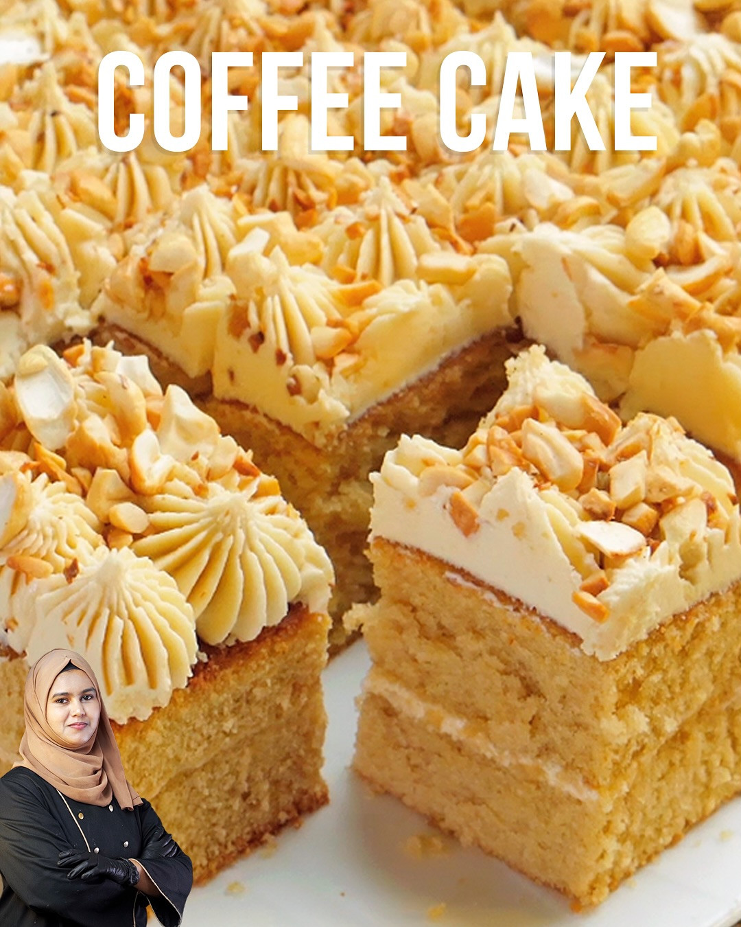 Delicious Coffee Cake with Luscious Buttercream Frosting and Roasted Nuts