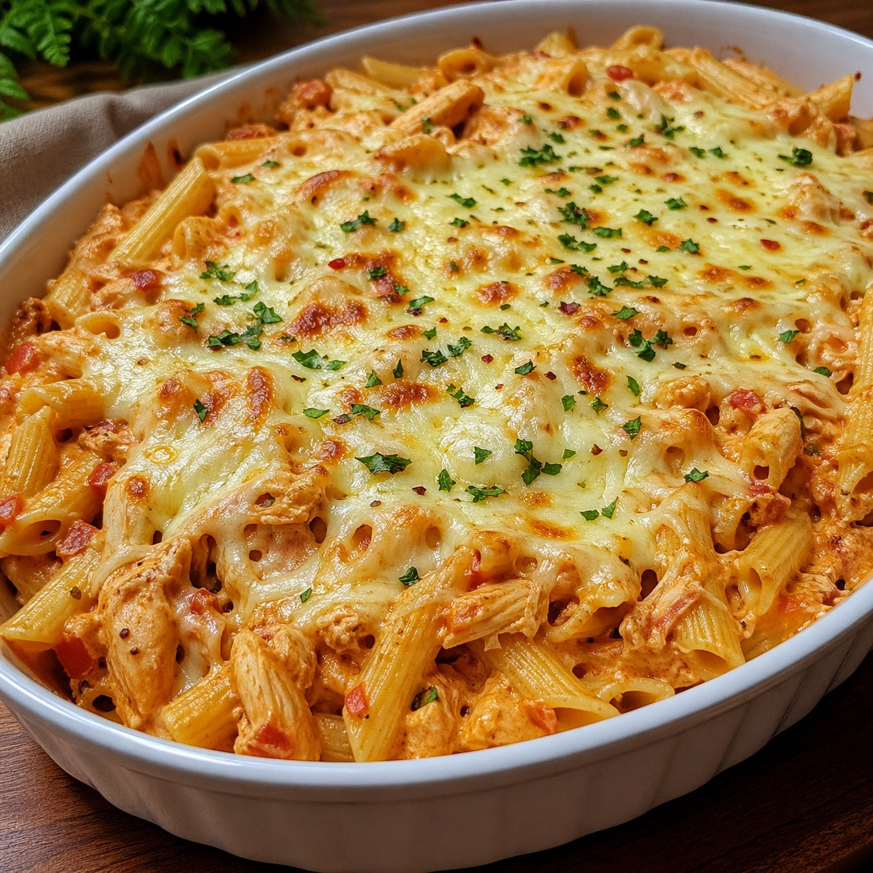 Delicious Creamy Chicken Pasta Bake with Golden Melted Mozzarella and Fresh Parsley Garnish