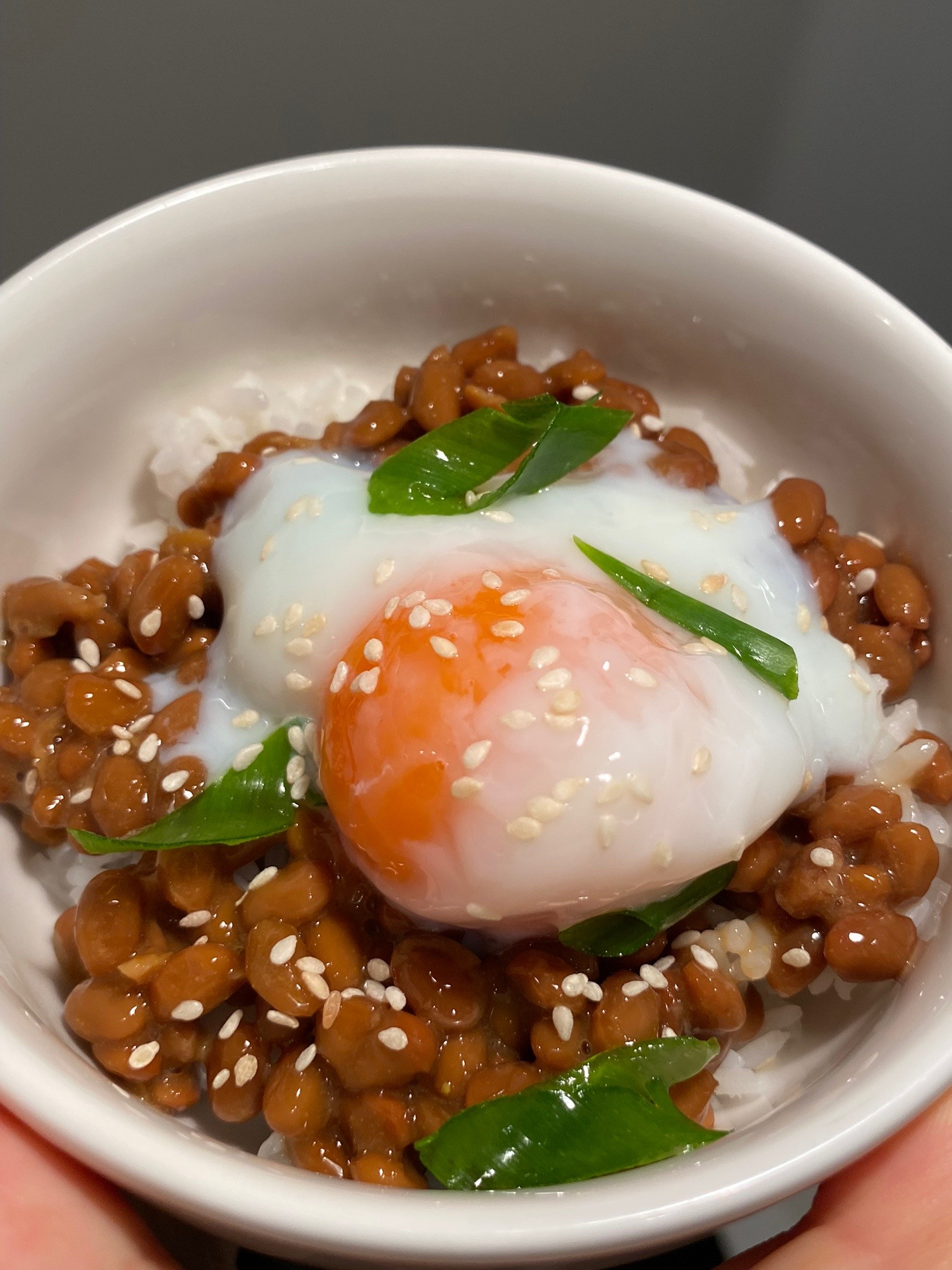 Delicious Natto Rice Bowl with Runny Onsen Egg and Mustard