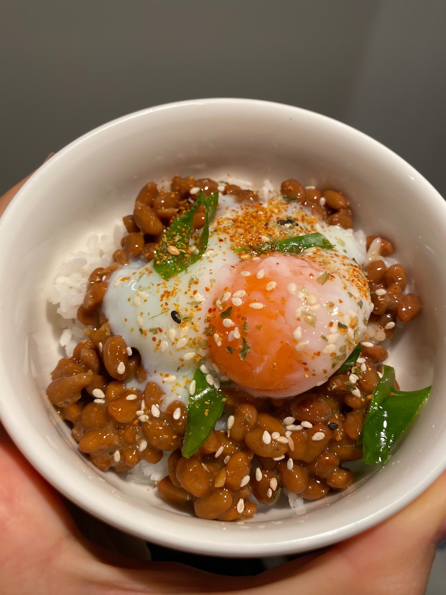 Delicious Natto Rice Bowl with Runny Onsen Egg and Mustard