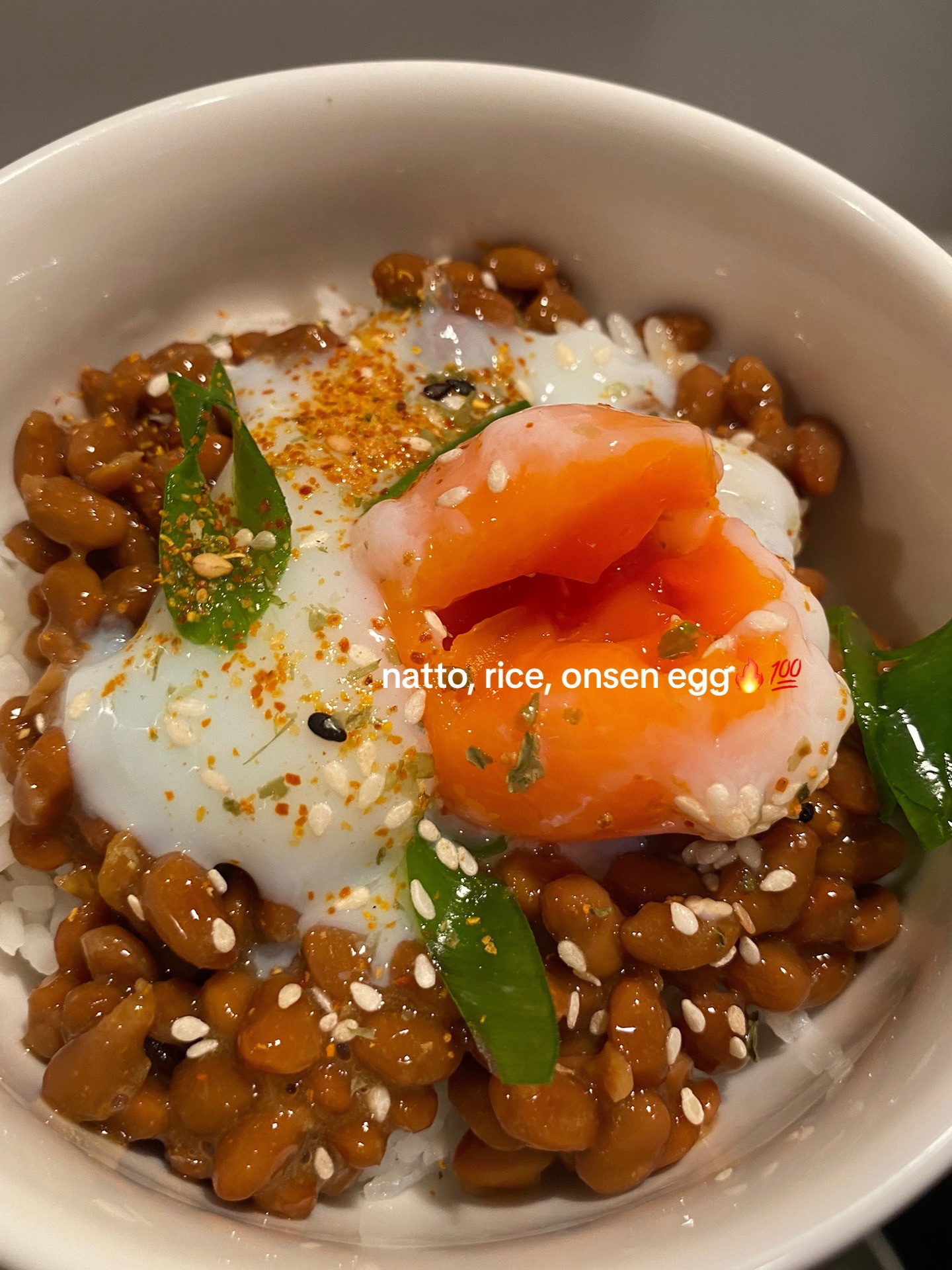 Delicious Natto Rice Bowl with Runny Onsen Egg and Mustard
