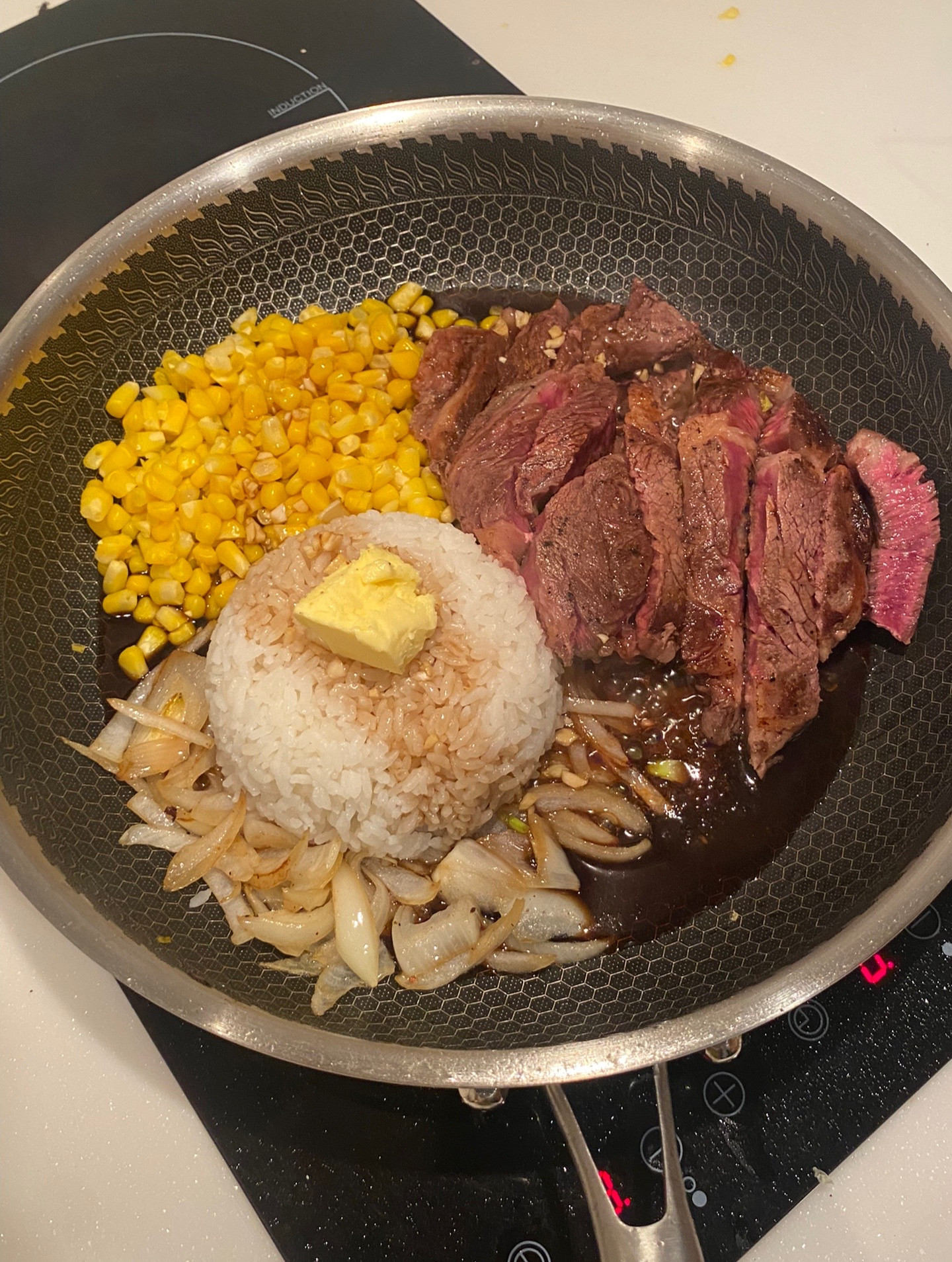 Delicious Truffle Steak Pepper Lunch with Corn and Onions Recipe