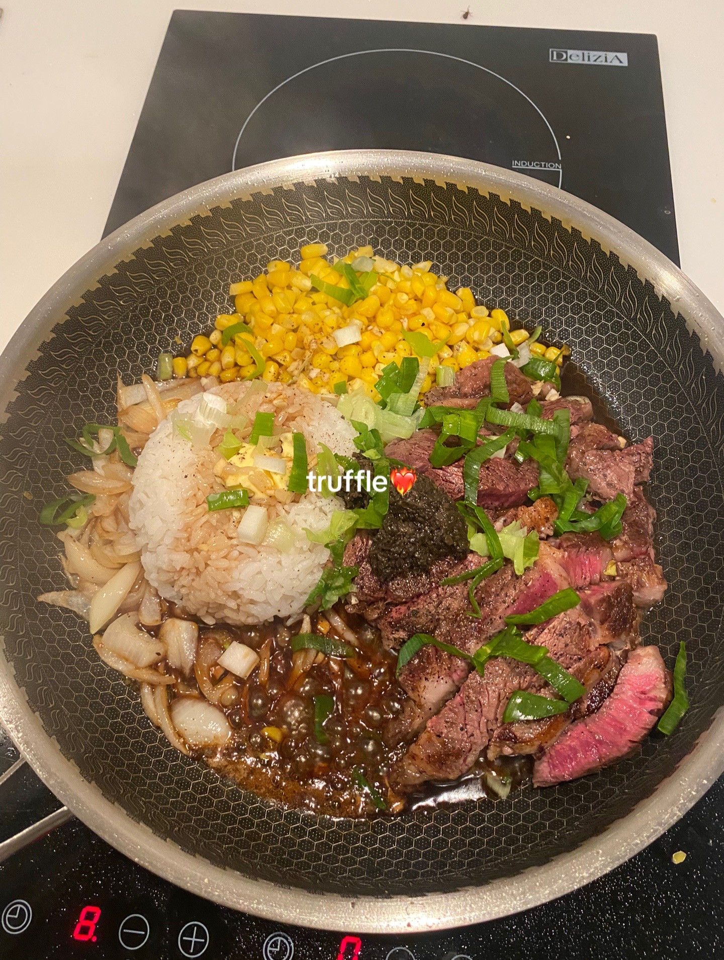 Delicious Truffle Steak Pepper Lunch with Corn and Onions Recipe