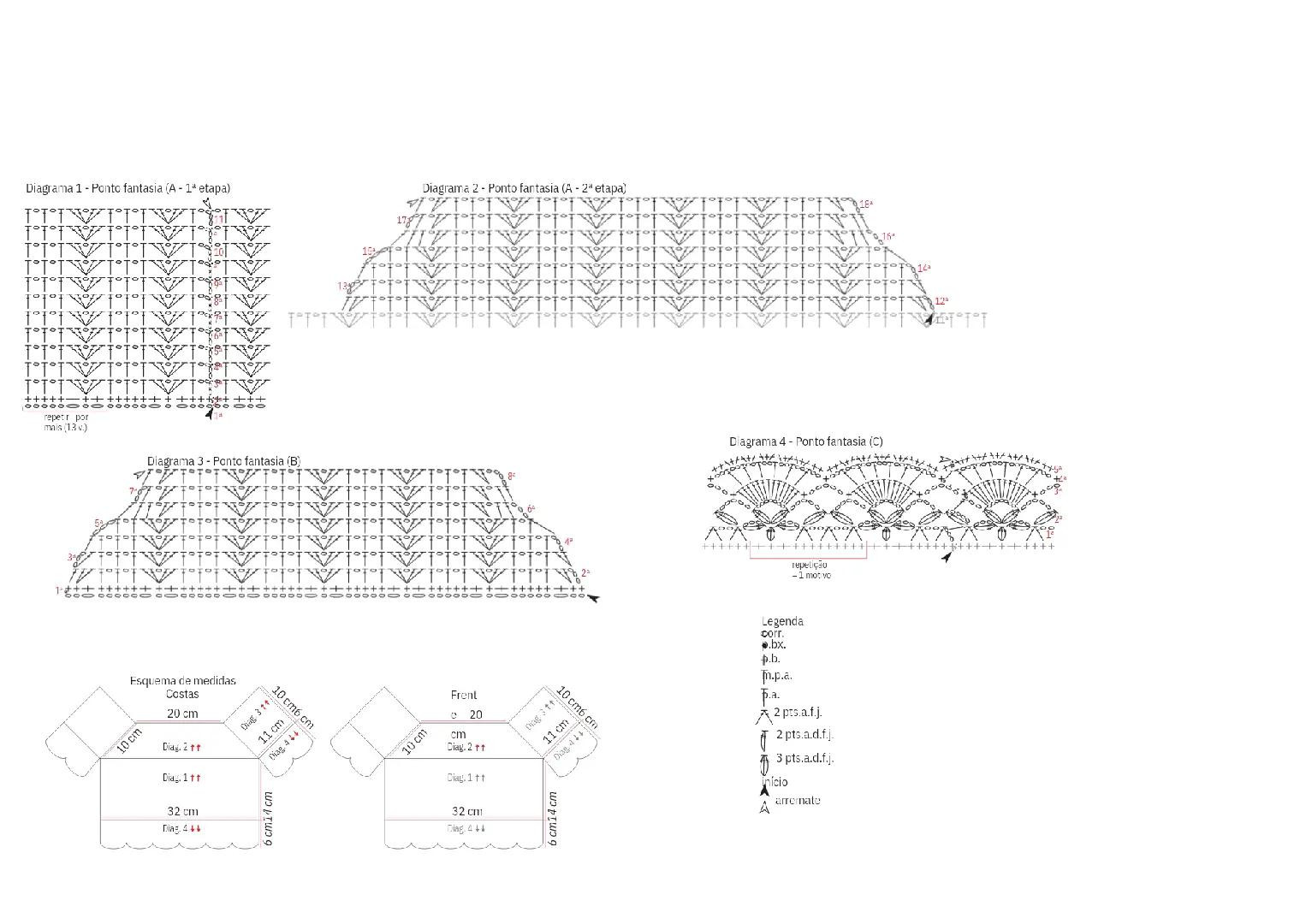 Diagrama de ponto fantasia para top curto verde militar com bordas onduladas e mangas curtas