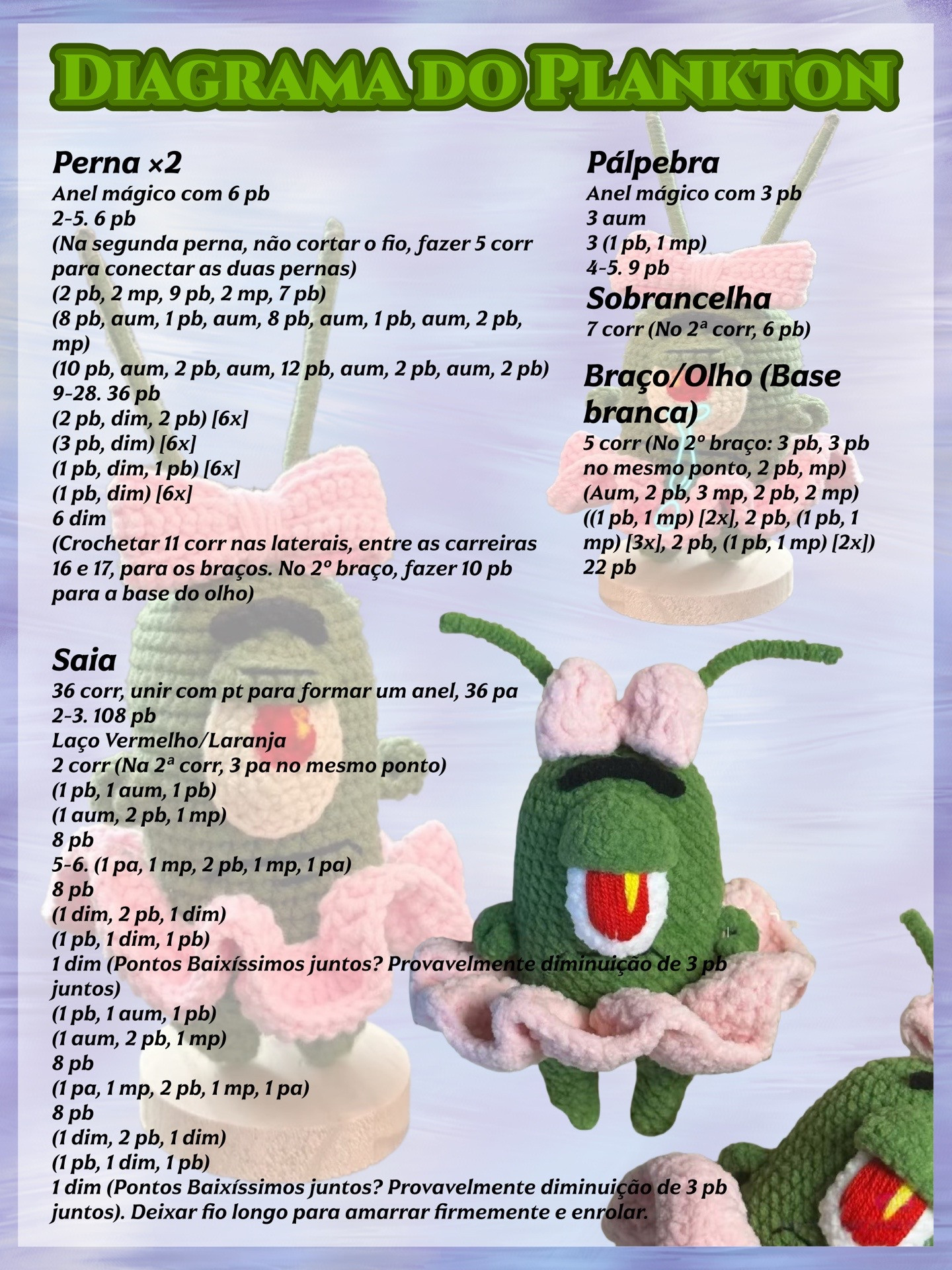 Diagrama de Tricô Plankton Fofinho com Saia Rosa