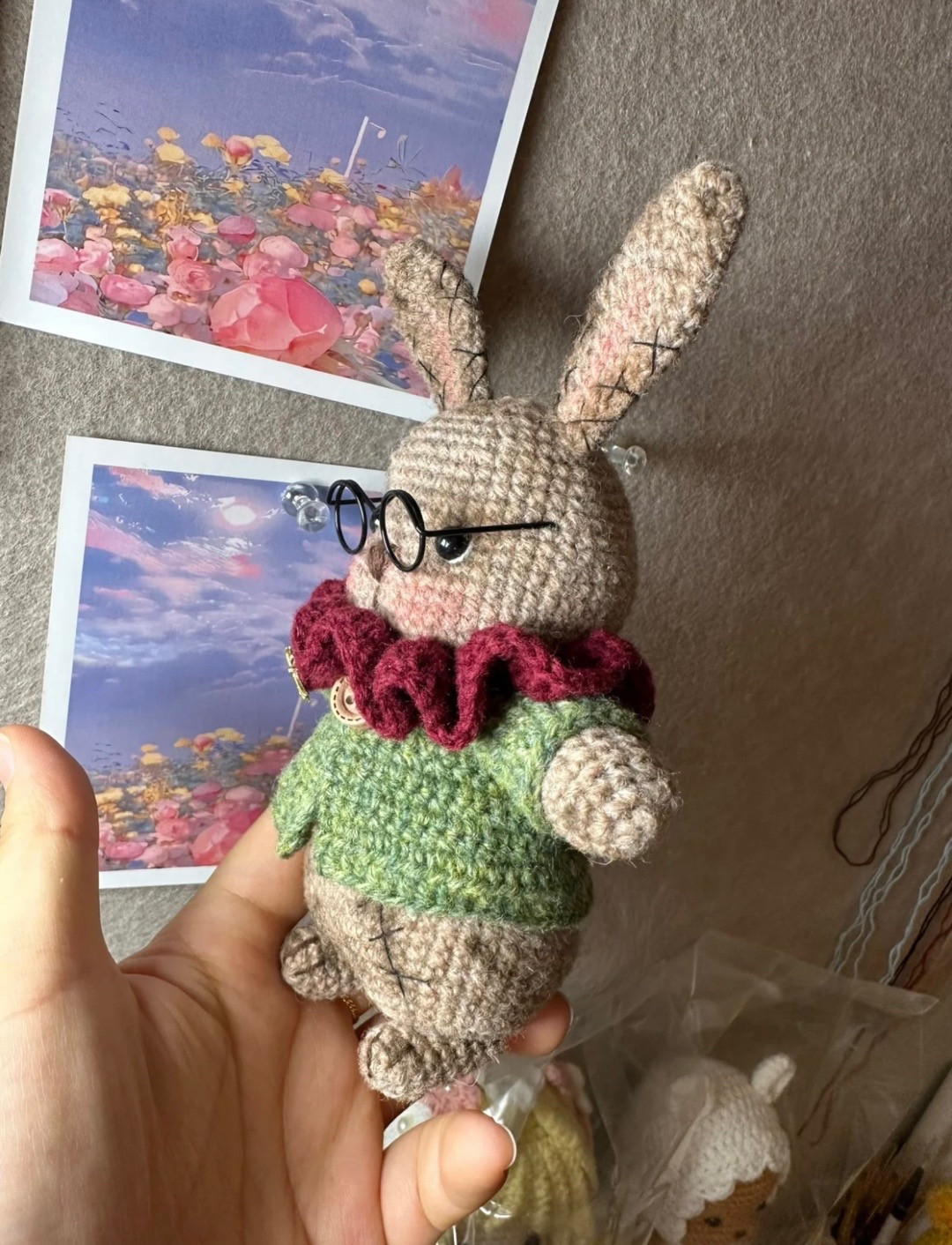 Dirty Rabbit Amigurumi Crochet Pattern with Green Jacket and Glasses