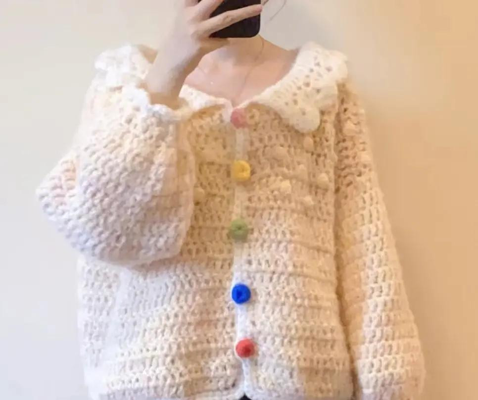 DIY Creamy Crochet Cardigan Pattern with Colorful Buttons and Scalloped Collar