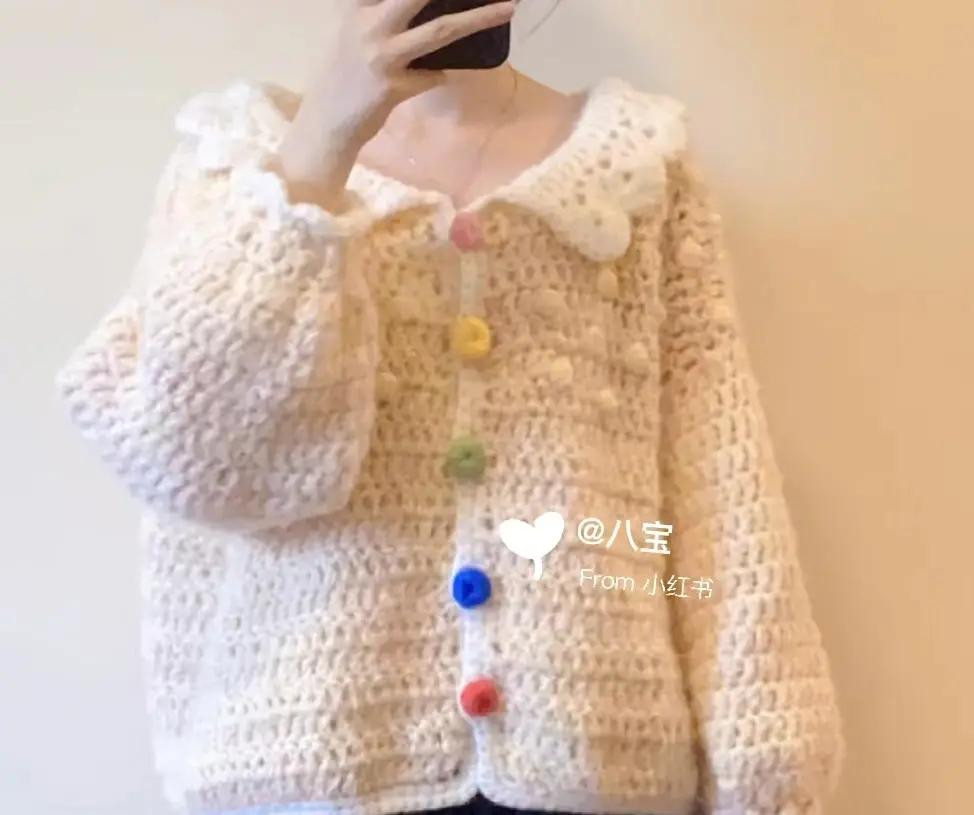 DIY Creamy Crochet Cardigan Pattern with Colorful Buttons and Scalloped Collar