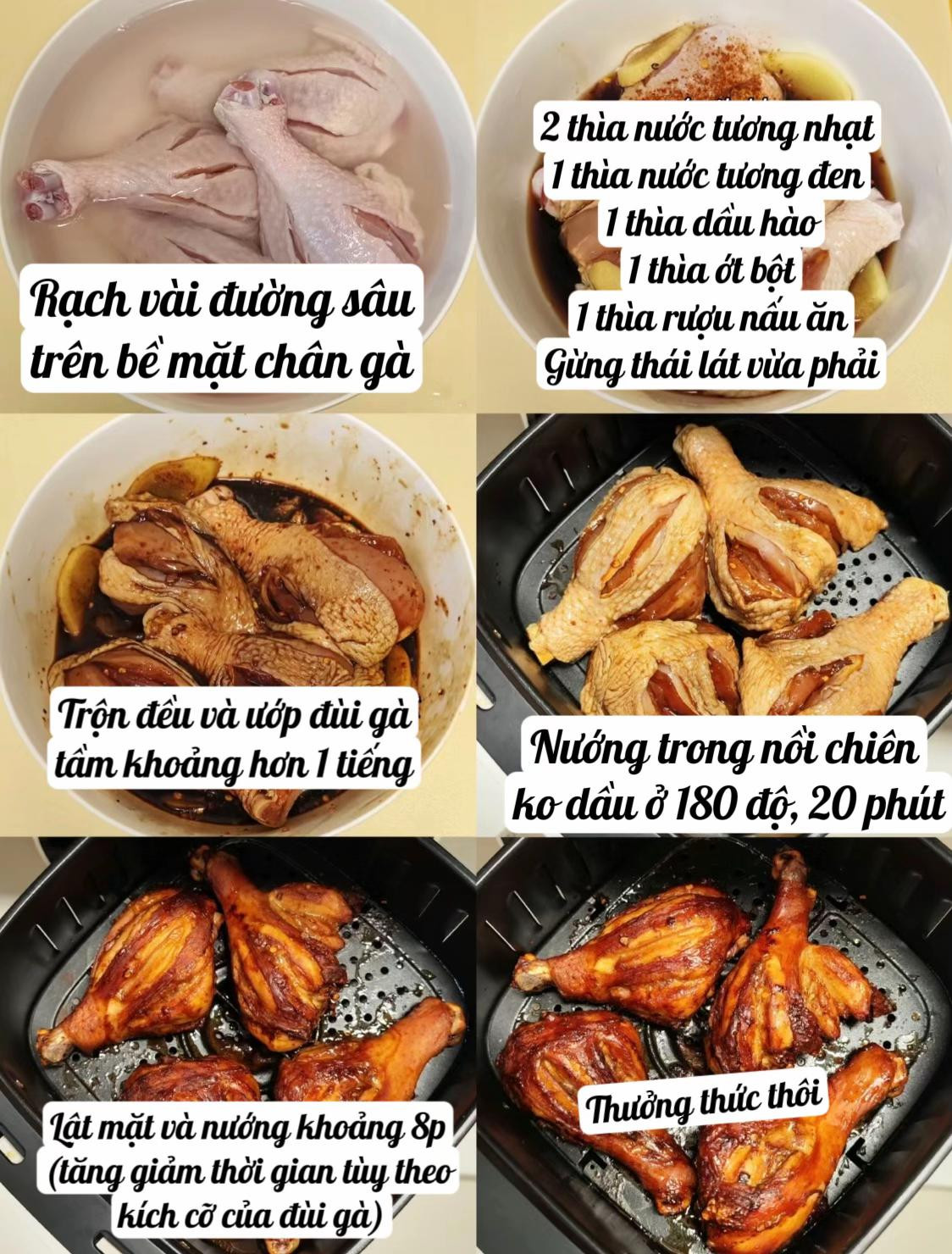 Đùi gà nướng nồi chiên không dầu da giòn thịt mềm, ướp nước tương và ớt bột thơm ngon