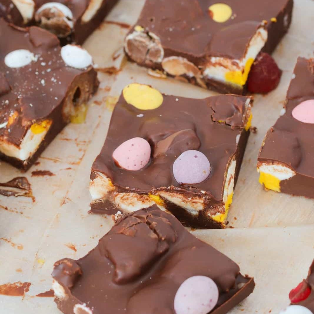 Easter Rocky Road with Cadbury Creme Eggs, Marshmallow Eggs and Raspberry Lollies