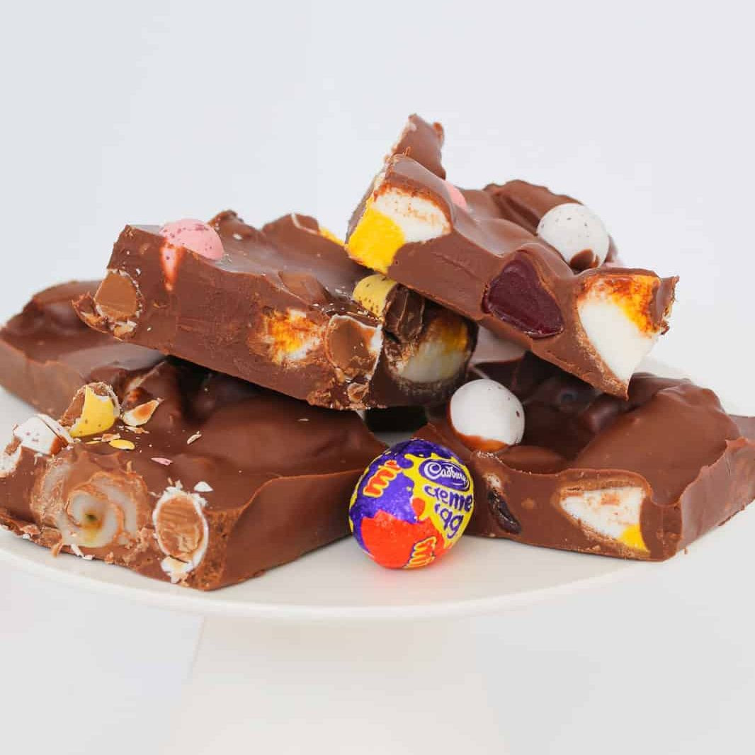 Easter Rocky Road with Cadbury Creme Eggs, Marshmallow Eggs and Raspberry Lollies