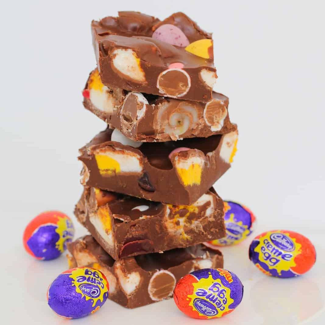 Easter Rocky Road with Cadbury Creme Eggs, Marshmallow Eggs and Raspberry Lollies