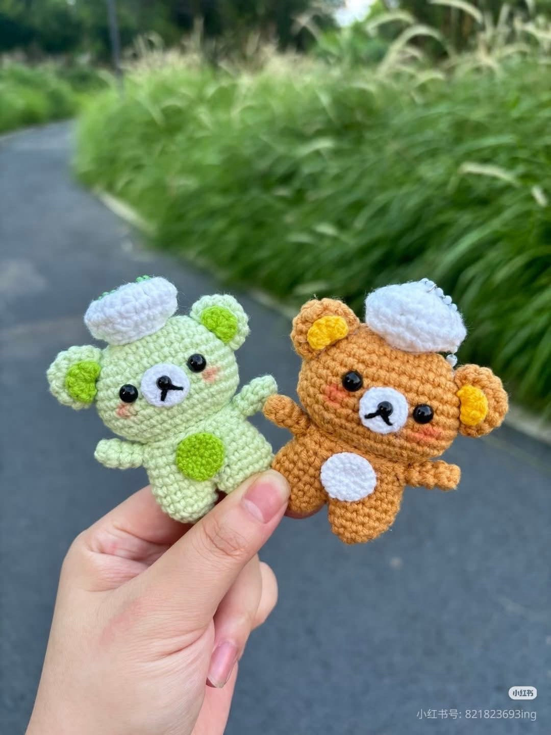 Easy Crochet Bear Keychain Pattern Chart with Brown and Green Amigurumi Tutorial