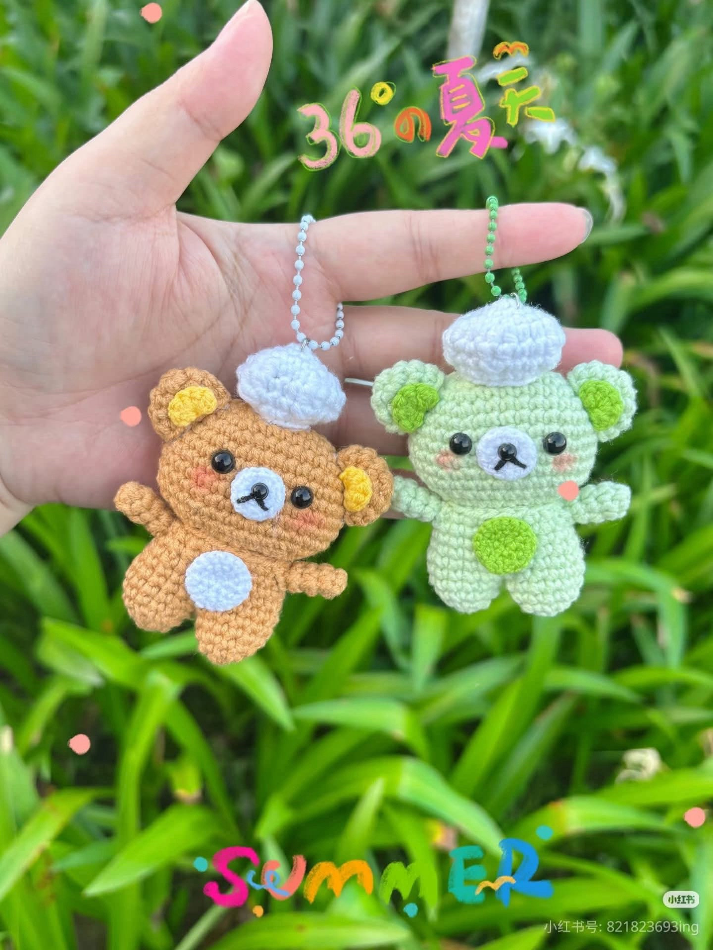 Easy Crochet Bear Keychain Pattern Chart with Brown and Green Amigurumi Tutorial