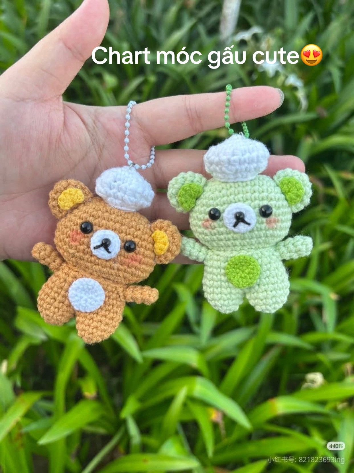 Easy Crochet Bear Keychain Pattern Chart with Brown and Green Amigurumi Tutorial