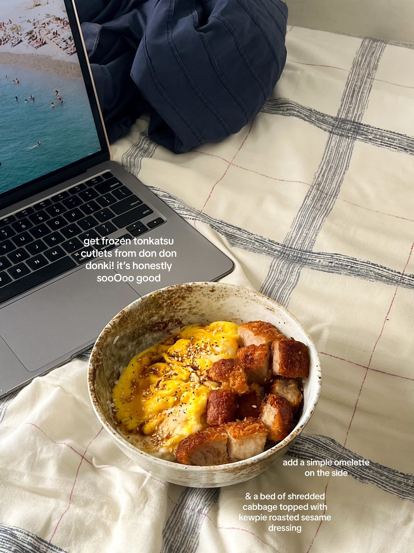 Easy homemade tonkatsu bowl with rice, omelette and shredded cabbage using frozen cutlets from Don Don Donki