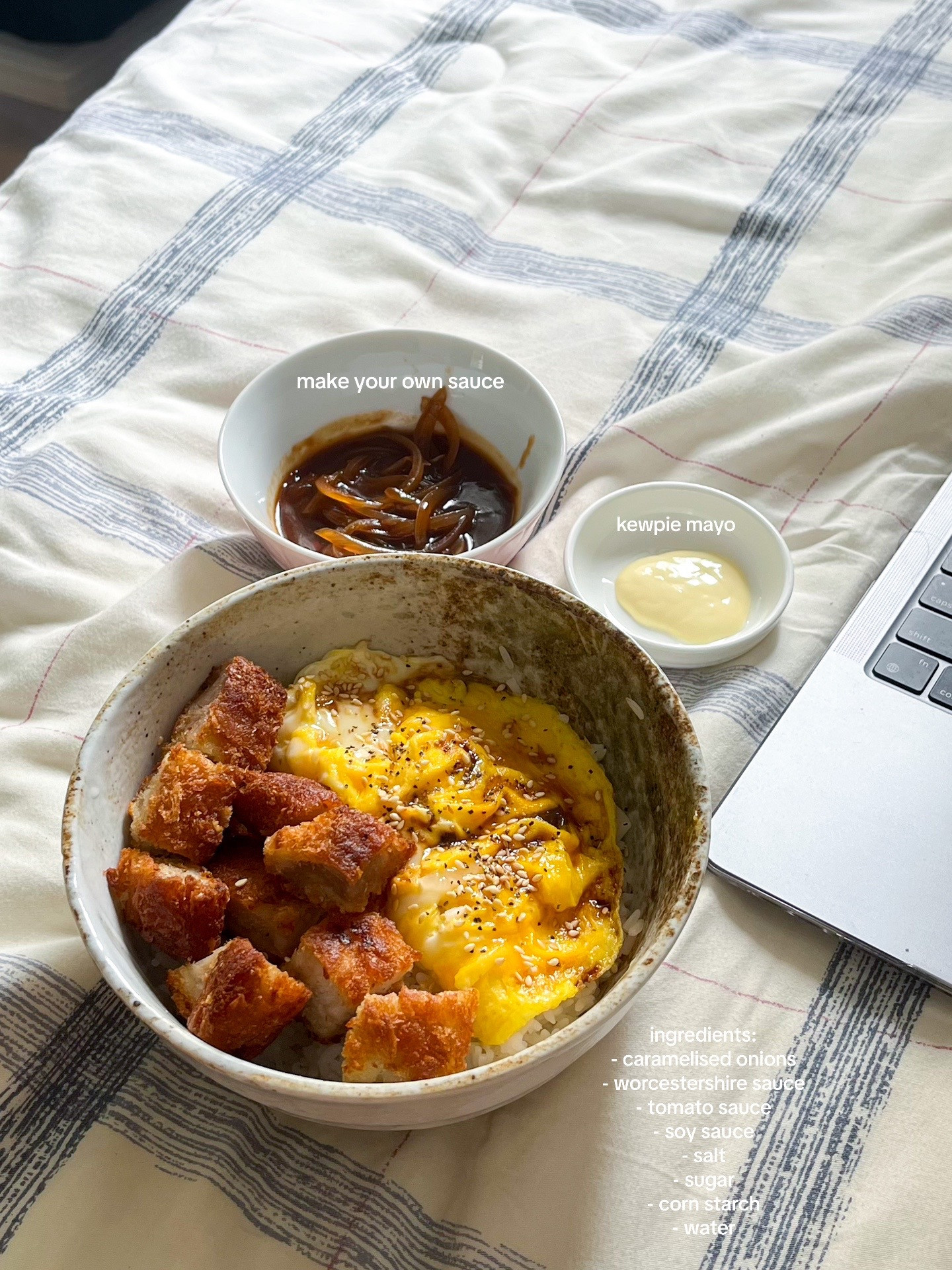 Easy homemade tonkatsu bowl with rice, omelette and shredded cabbage using frozen cutlets from Don Don Donki