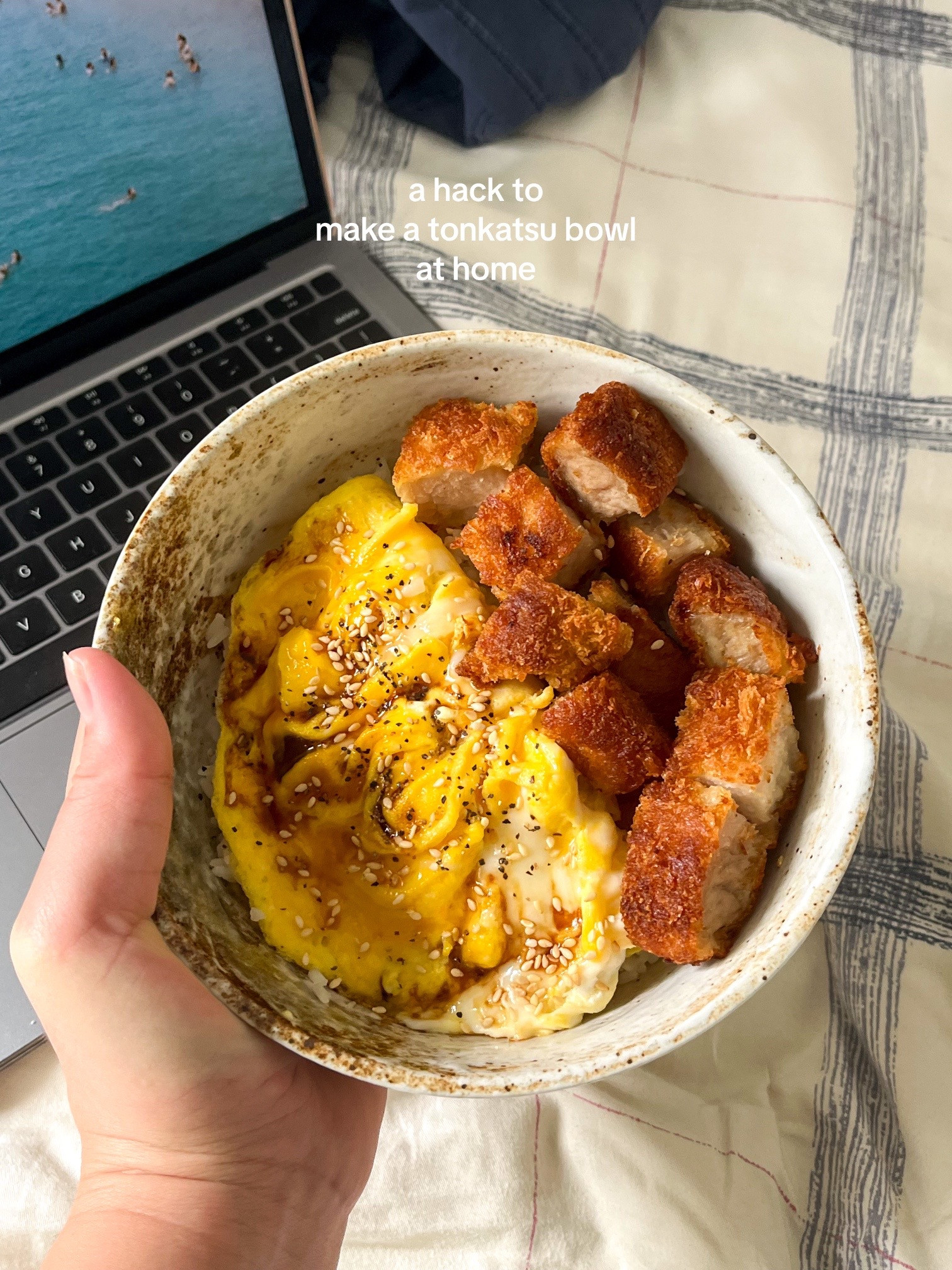 Easy homemade tonkatsu bowl with rice, omelette and shredded cabbage using frozen cutlets from Don Don Donki