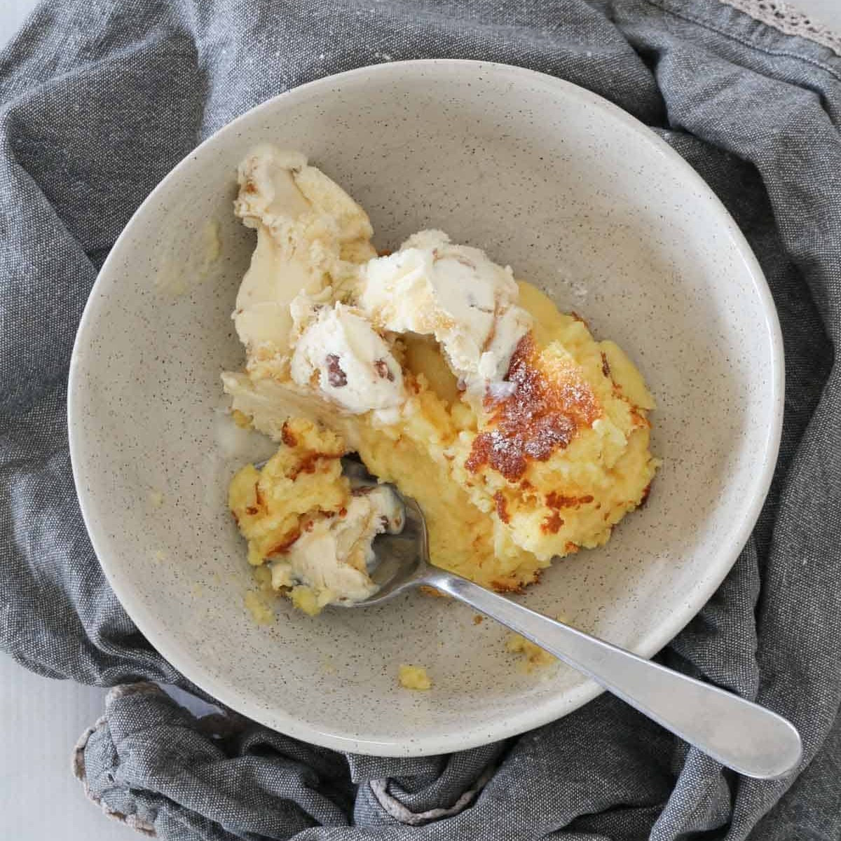 Easy Lemon Delicious Pudding with Vanilla Ice Cream