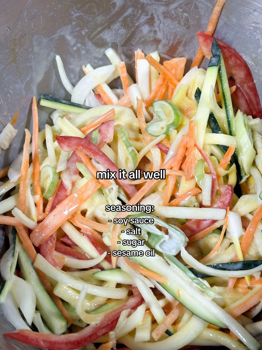 Easy Vegetable Jeon Recipe with Zucchini, Carrots, Onions, Bell Peppers, and Scallions