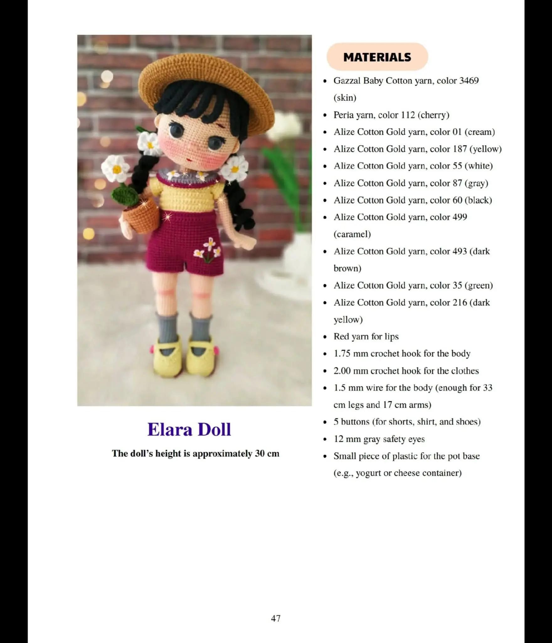 Elara Doll Crochet Pattern: Materials and Instructions for Head, Ears, Hair, Arms, Legs