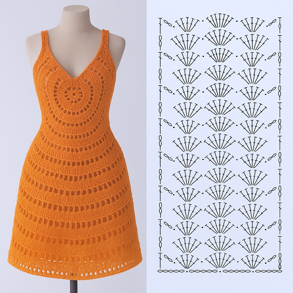 Elegant Crochet Dresses Collection: Pink, Orange, and Teal with Detailed Stitch Charts