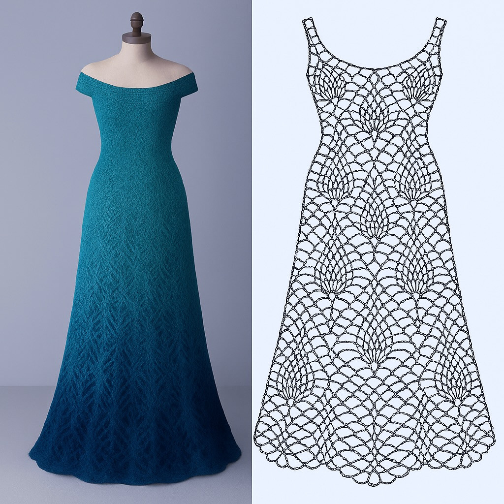 Elegant Crochet Dresses Collection: Pink, Orange, and Teal with Detailed Stitch Charts