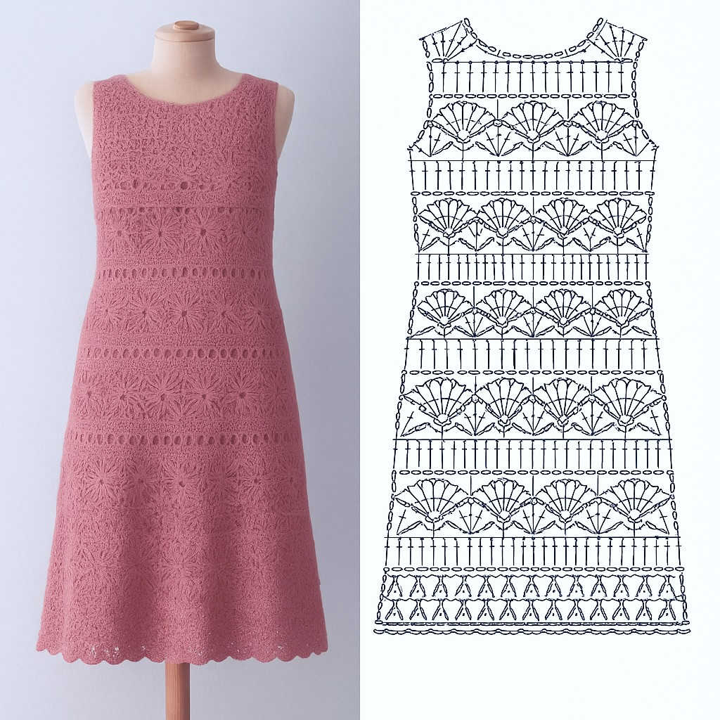 Elegant Crochet Dresses Collection: Pink, Orange, and Teal with Detailed Stitch Charts
