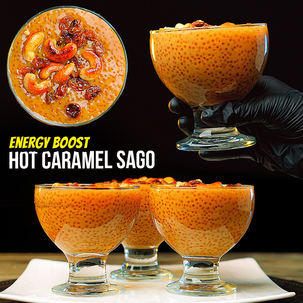 Energy Boost Hot Caramel Sago Porridge with Roasted Cashews and Raisins