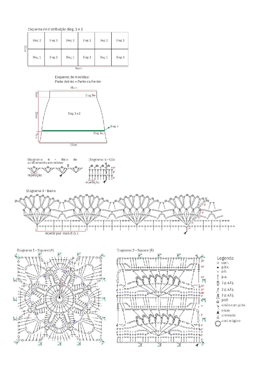 Esquema de distribuição e diagramas para saia verde com padrão floral