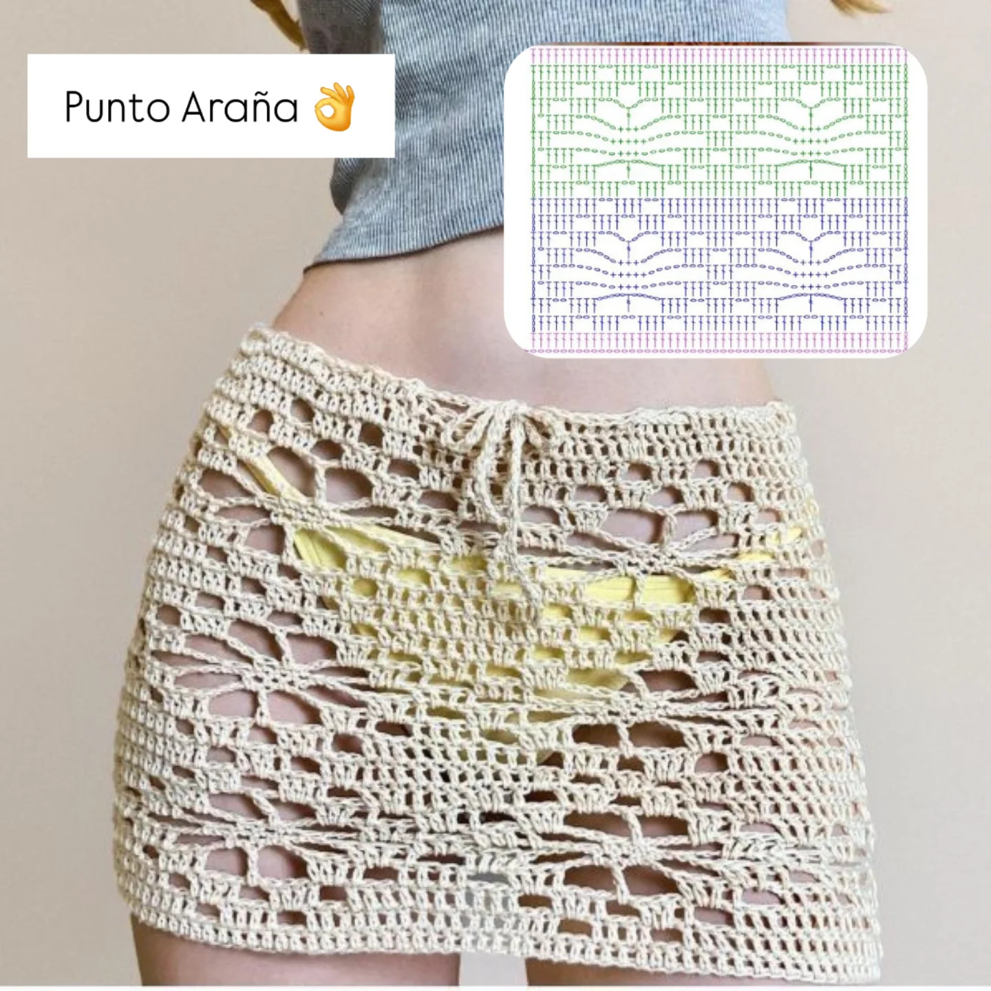 Falda playera en punto araña tejida circularmente con patrón detallado