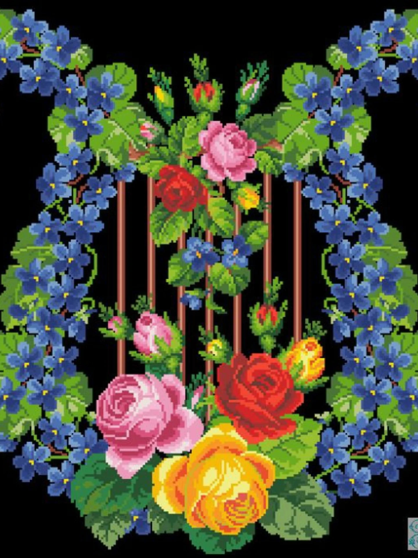 Fantasia1 Cross Stitch Pattern Chart by Hanna Shandra featuring colorful roses and blue flowers
