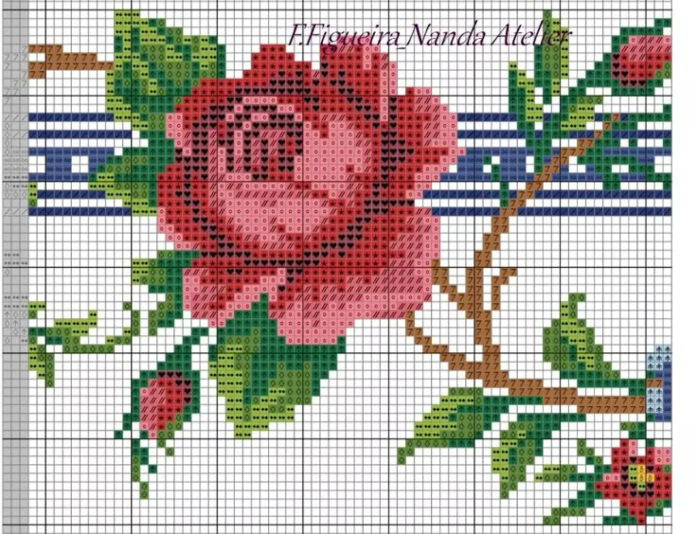 F.Figueira Nanda Atelier Spring Floral Cross Stitch Pattern with Red Rose and Blue Ribbon Border
