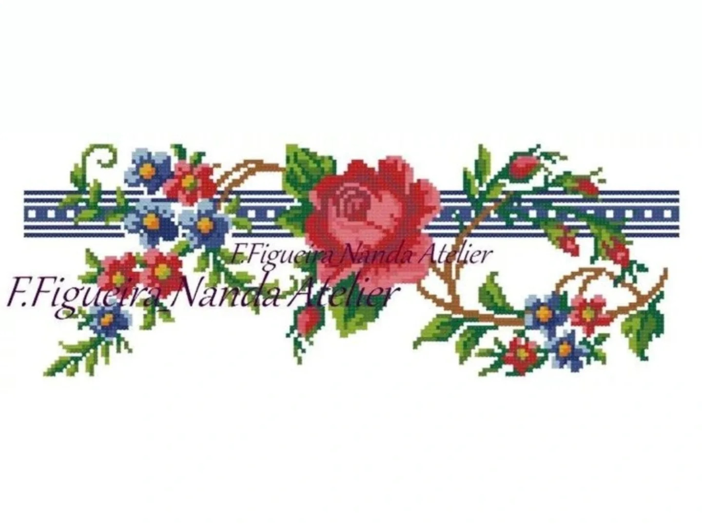 F.Figueira Nanda Atelier Spring Floral Cross Stitch Pattern with Red Rose and Blue Ribbon Border