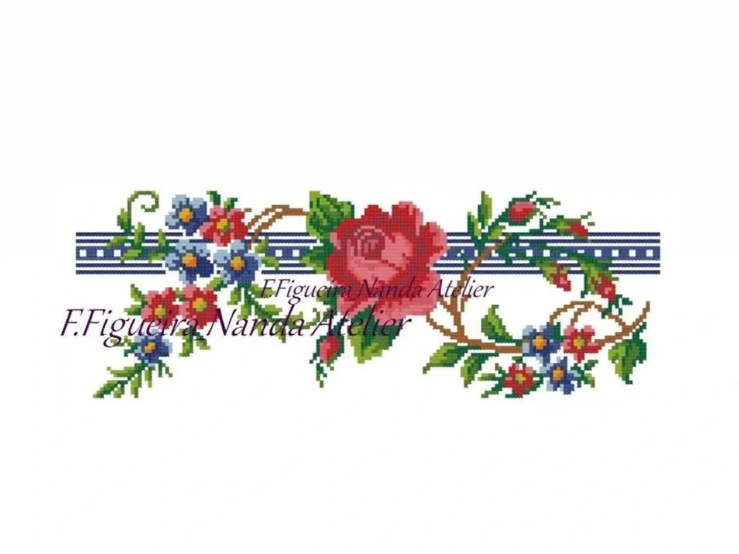 F.Figueira Nanda Atelier Spring Floral Cross Stitch Pattern with Red Rose and Blue Ribbon Border