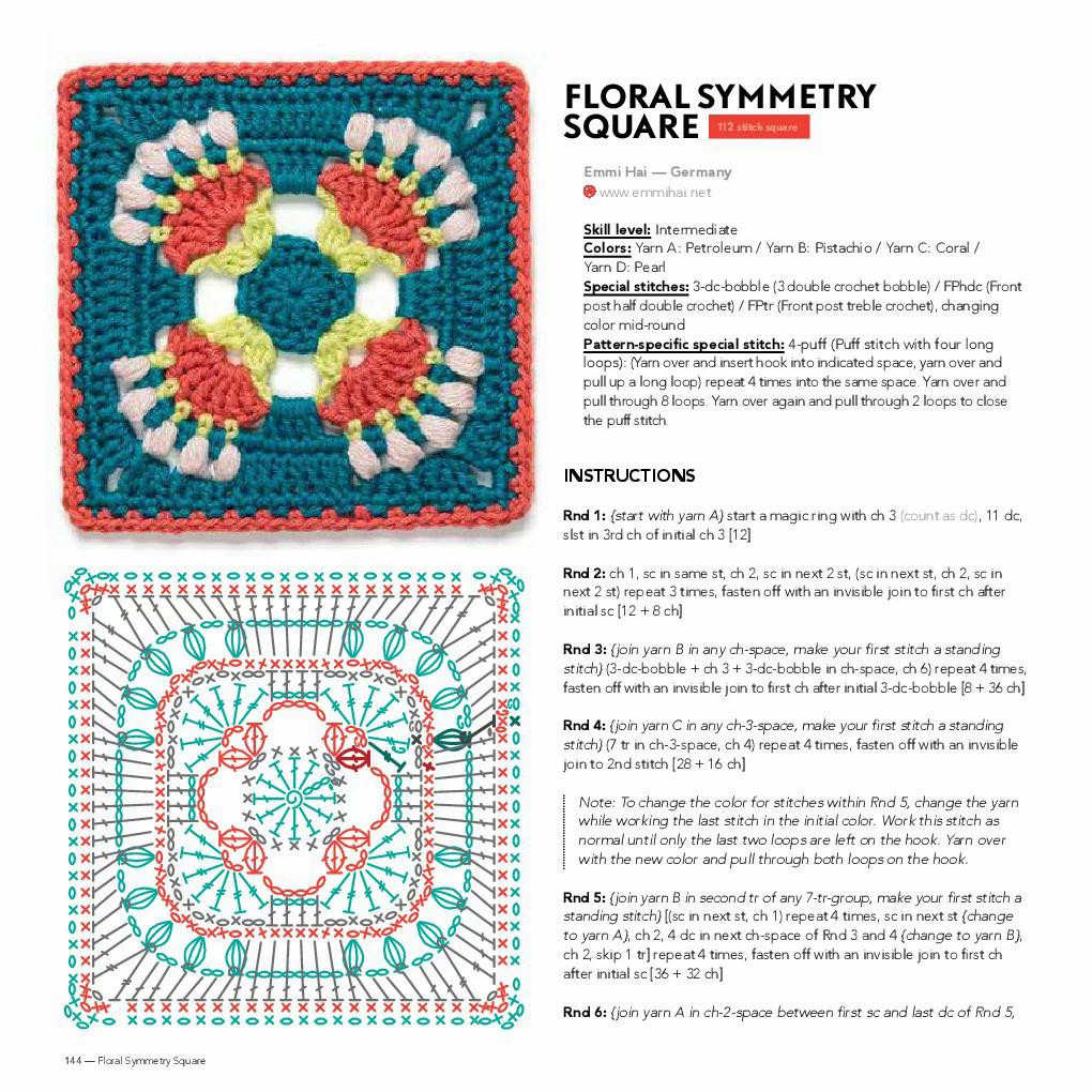 Floral Symmetry Square - Intermediate Crochet Granny Square Pattern with Chart