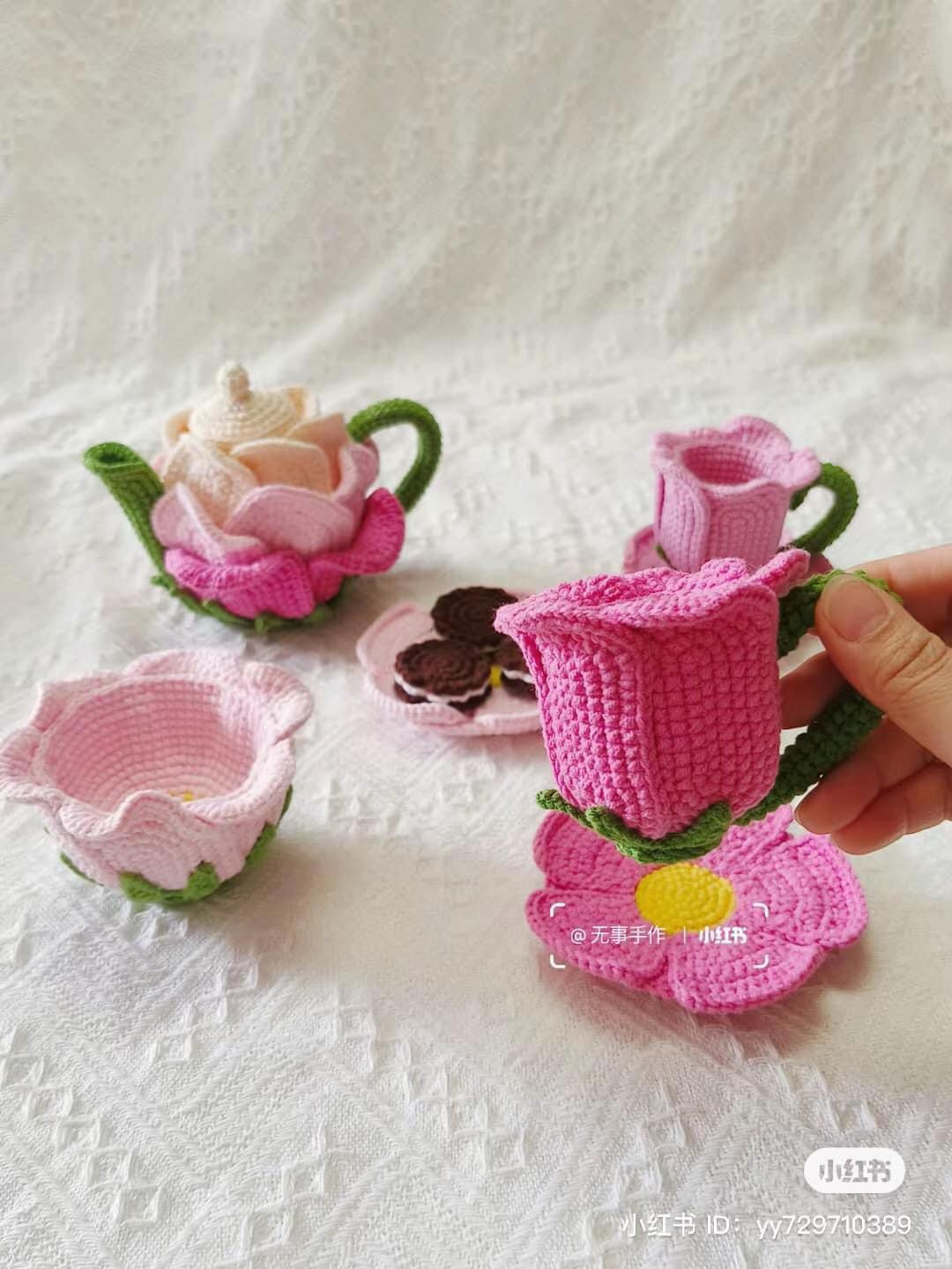 Floral Tea Set Crochet Pattern: Pink Rose Teapot, Cups, Saucers, and Cookies Chart