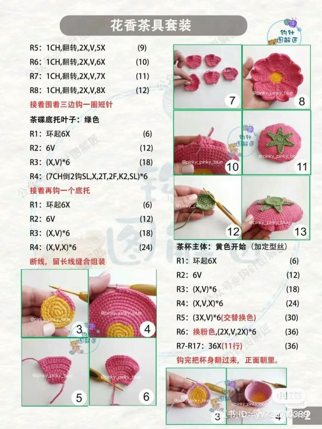 Floral Tea Set Crochet Pattern: Pink Rose Teapot, Cups, Saucers, and Cookies Chart