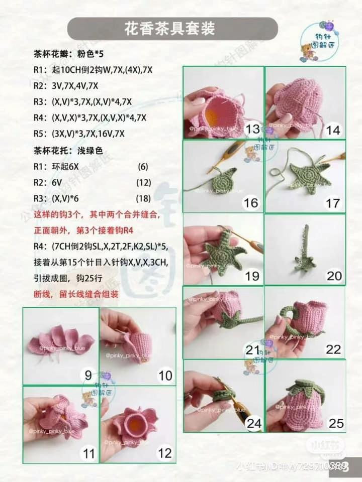 Floral Tea Set Crochet Pattern: Pink Rose Teapot, Cups, Saucers, and Cookies Chart